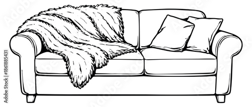 Hand drawn line art illustration of a sofa depicting a cozy arrangement with a fur blanket and pillows for home interior design