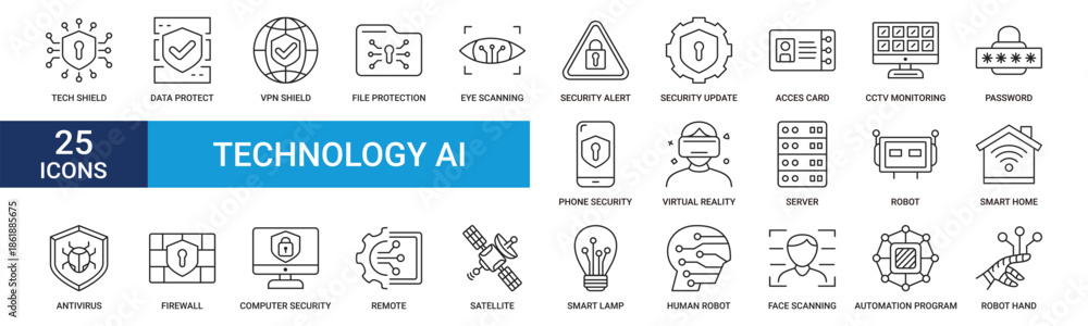 Fototapeta premium Technology AI icon set. Containing tech shield, data protect, vpn shield, file protection, eye scanning, security alert and more. Line vector icons collection.