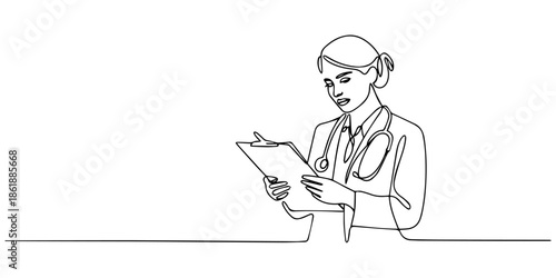 One single line drawing of young female doctor reading patient medical record on clipboard while stand at hospital hallway, Health care concept. One line graphic design vector illustration record on.