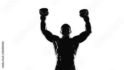 Silhouette of a muscular boxer celebrating a significant victory raising both gloved fists high above his head against a stark white background symbolizing triumph and athletic achievement