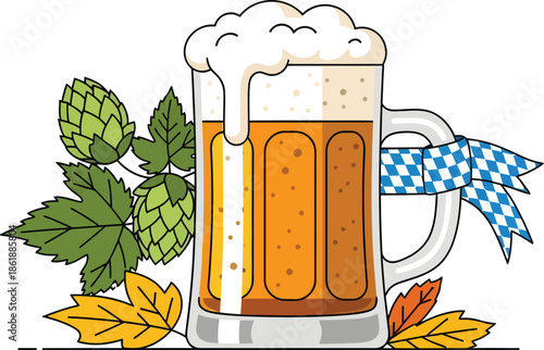 Beer mug with foam, hops, and autumn leaves, oktoberfest celebration symbol