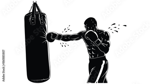 Muscular boxer in black and white silhouette striking a heavy punching bag with intense focus during rigorous combat training exercise for improved strength