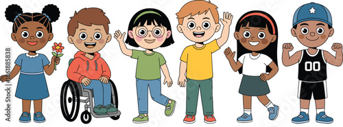 Set of Diverse Cartoon Children Characters Standing Together with a Smiling Boy in a Wheelchair