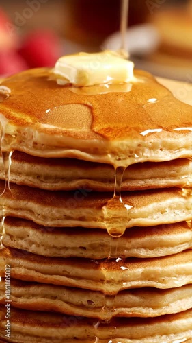 Fluffy pancake stack with melting butter pat and golden syrup dripping, stack of fluffy pancakes close up breakfast indulgence with tempting texture
