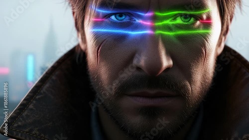 Futuristic Face with Laser Eyes in Cyberpunk Cityscape Visuals and Atmospheric Mood