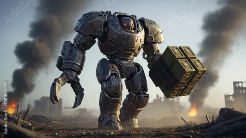 Futuristic Robot Walks Through Ruins After The Battle On A Desolate Post-Apocalyptic World
