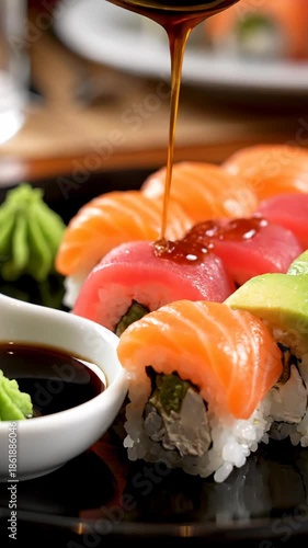 Fresh sushi roll platter with salmon tuna avocado soy sauce drizzle and wasabi black plate showcasing vibrant seafood texture color and appetizing