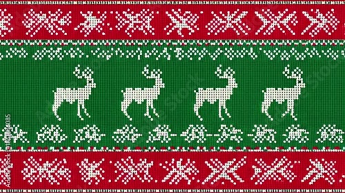 Traditional knitted Christmas pattern with white reindeer and snowflakes on green background seamless loop motion graphic for festive holiday celebration and winter decor