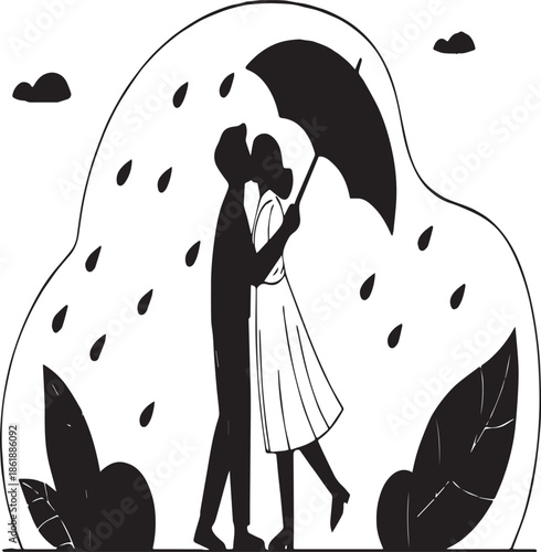  Happy valentime day Couple kissing under umbrella in rain with leaves and clouds silhouette love romance