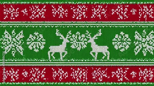 Green Christmas knitted sweater texture with reindeer and snowflake ornaments seamless loop motion graphic for winter holiday celebration and festive seasonal backdrop