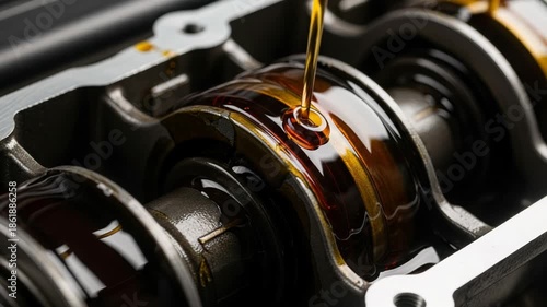 Close-up of motor oil being poured onto a gray crankshaft, highlighting automotive maintenance and