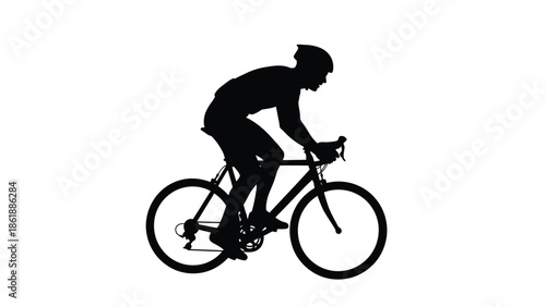 Silhouette graphic of a focused cyclist wearing a helmet and athletic gear riding a racing bicycle in an aggressive, aerodynamic posture isolated on white