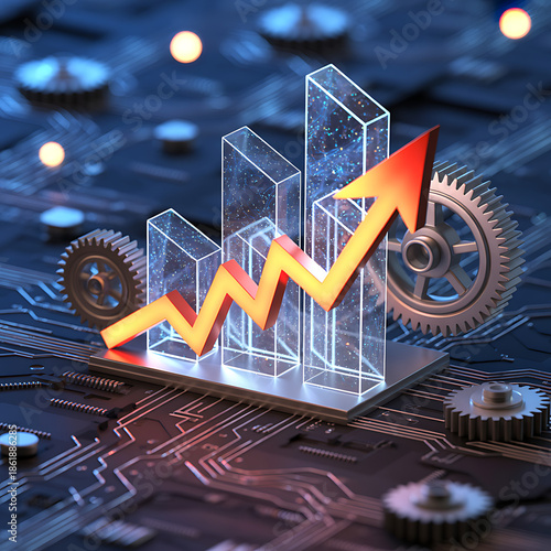 A digital 3d business graph and stock market chart on a laptop screen show a financial growth arrow and data symbols representing success in the global internet finance market.