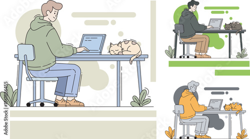 Modern flat design illustration of a man working at her desk, with cat on the desk