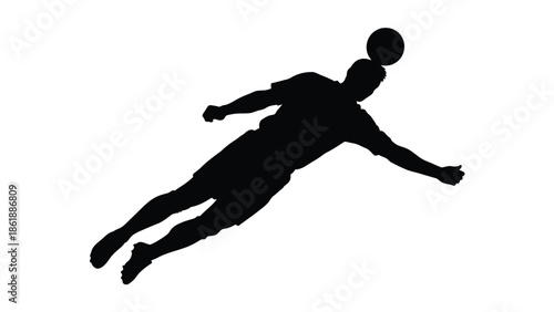 Striking black silhouette of a professional soccer player launching through the air for an impressive header during a competitive match moment against a clean white background