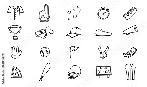 baseball hand drawing icon doodle bundle set sport