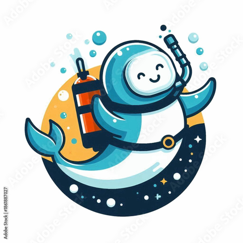A cartoon dolphin in scuba gear wearing a mask with an air tank in front of a yellow and blue circle