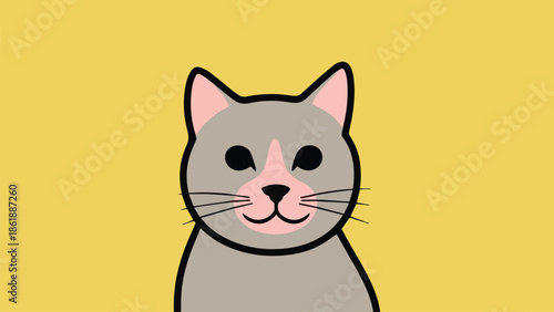 Cute cartoon grey cat illustration with pink features, offering a friendly gaze on a bright yellow background
