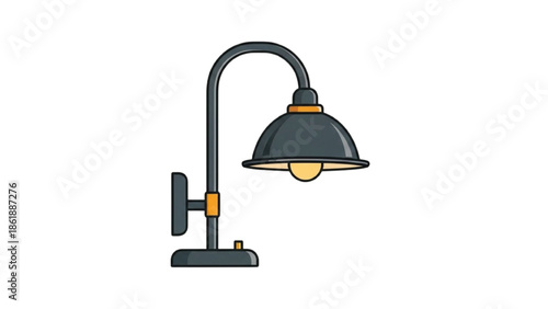 Black desk lamp with orange accents and light on black lamp