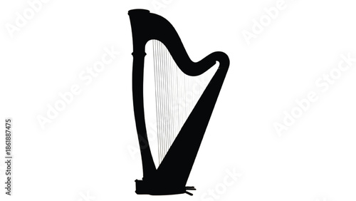 Black silhouette of a harp musical instrument on white background
