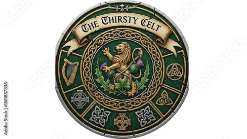 Celtic emblem with lion and symbols on green background