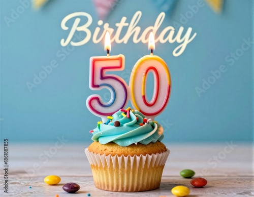 50th Birthday Cupcake With Candle, Candy, Blue Background Bunting