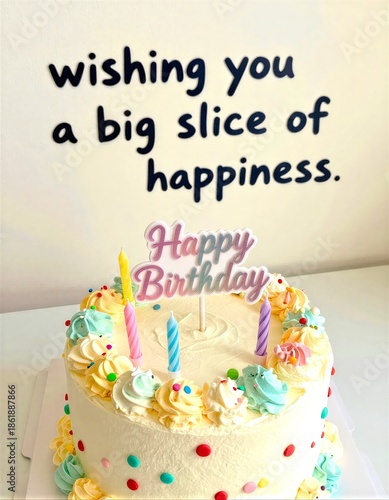 Birthday Cake With Candles, Big Slice of Happiness Message