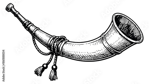 Hand drawn line art illustration of a hunting horn depicting a vintage style for outdoor activities