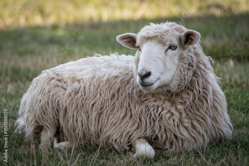 Photos A fluffy white sheep resting comfortably on a green grassy pasture