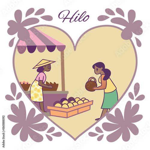 Hilo Market Shopping Scene Heart Illustration