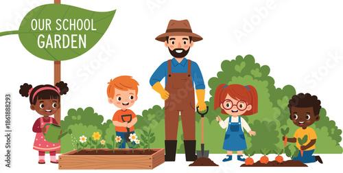 Happy diverse school children and male teacher gardening together planting vegetables and flowers in a raised bed for outdoor environmental education vector