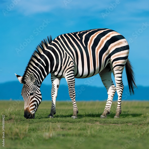 A solitary zebra grazing on a lush green grassy plain under a clear blue sky. 