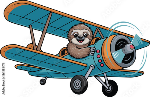 Cute Sloth Pilot Character Flying a Blue Vintage Biplane Cartoon Illustration