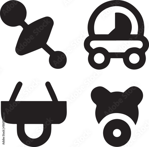 Children toys icon set with satellite car shopping basket and teddy bear silhouette