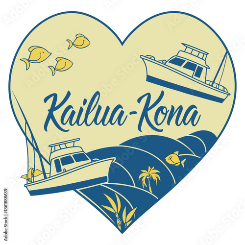 Kailua-Kona Hawaii Fishing Yacht and Tropical Fish Heart Illustration