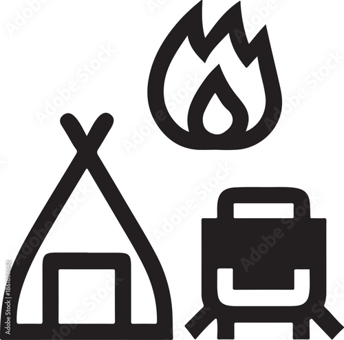 Camping and outdoor recreation symbols set featuring tent fire and grill icons