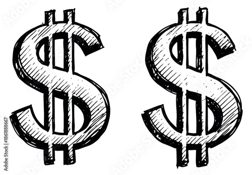 Hand drawn line art money symbols set featuring two dollar signs for financial concepts