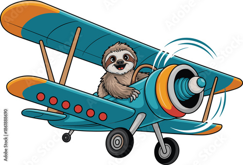Adorable cartoon sloth pilot flying a blue and orange vintage biplane with a spinning propeller for travel adventure and children's aviation branding vector