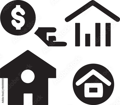 Home finance icons set dollar investment graph loan rate house property market vector