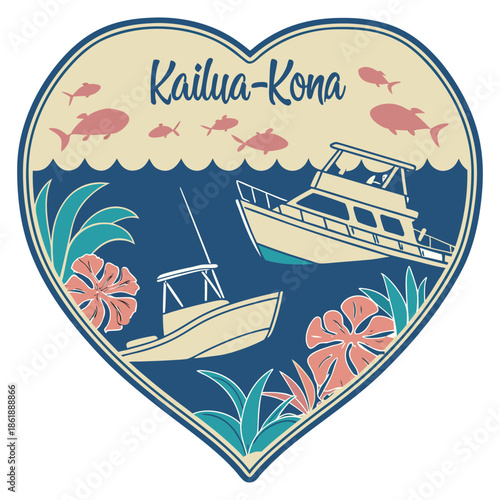 Kailua-Kona Hawaii Deep Sea Fishing and Boats Heart Emblem