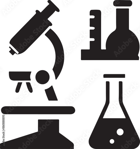 Laboratory and science equipment set with microscope and chemical glass flasks icons