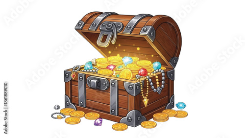 Open Treasure Chest Filled with Gold Coins and Gems