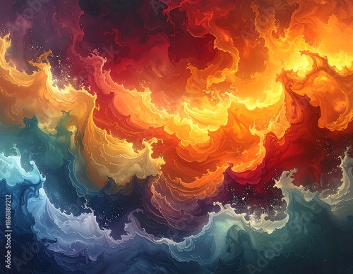 Swirling abstract of fire and ocean waves, mixing colors and energy