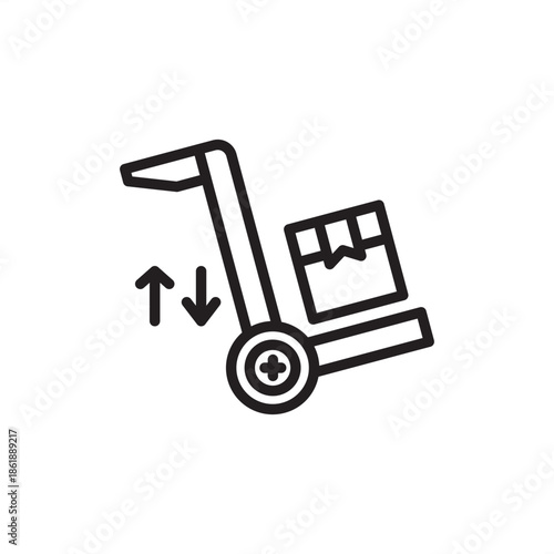 Industrial freight elevator icon featuring a heavy-duty hand truck and directional arrows, symbolizing vertical material handling, warehouse goods transport, and efficient multi-level logistics.