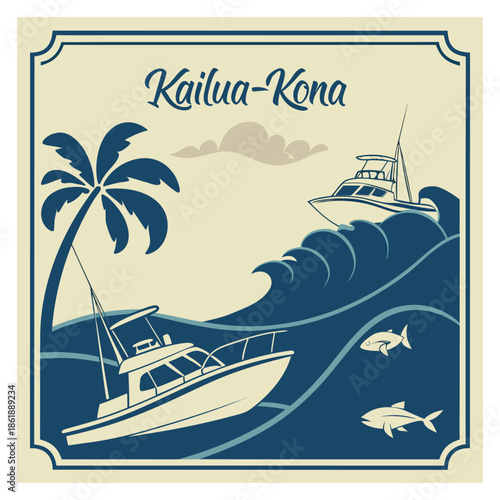 Kailua-Kona Hawaii Fishing Boats in High Waves with Palm Tree