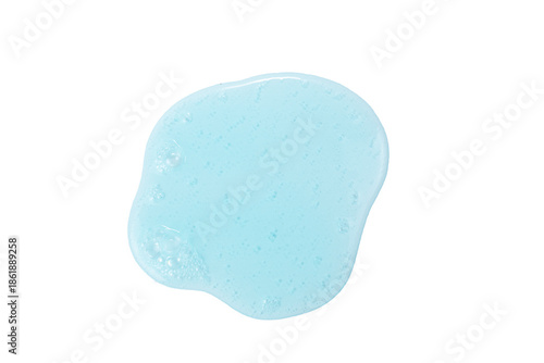 Top view of light blue liquid detergent spill with bubbles, isolated on a plain white background.