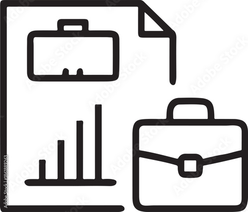 Financial report document with briefcase chart and analytical graph icons outlined