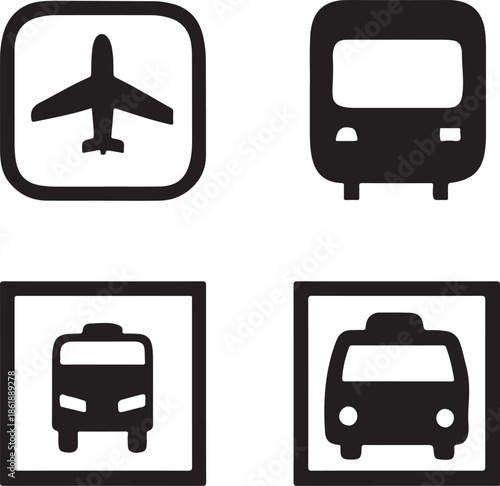 Public transportation icons showing airplane train bus and taxi for travel and commuting