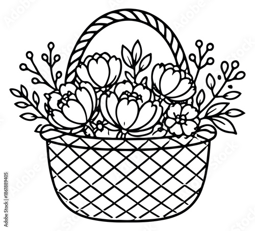 Hand drawn line art illustration of a basket of flowers depicting a beautiful blooming floral arrangement for spring celebrations