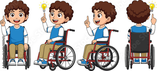 Curly-haired boy character in a wheelchair having a bright idea with a lightbulb in multiple views for inclusive design and accessibility representation vector